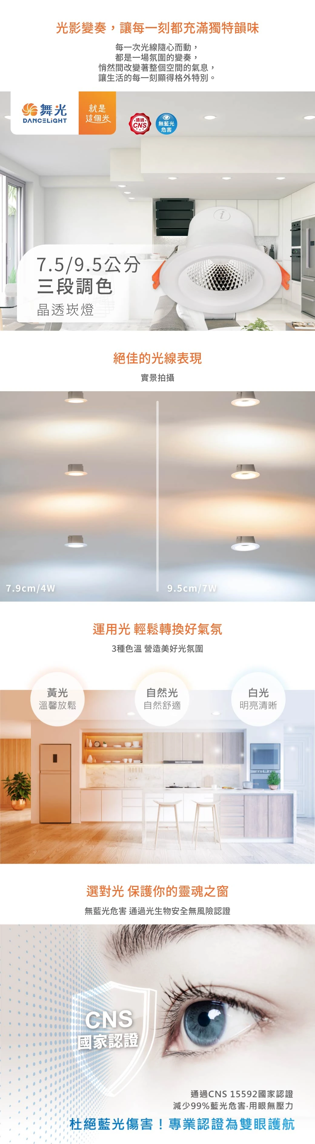 舞光 4W 7.5 公分三段調色晶透崁燈-H04-LED-7DOC4SW