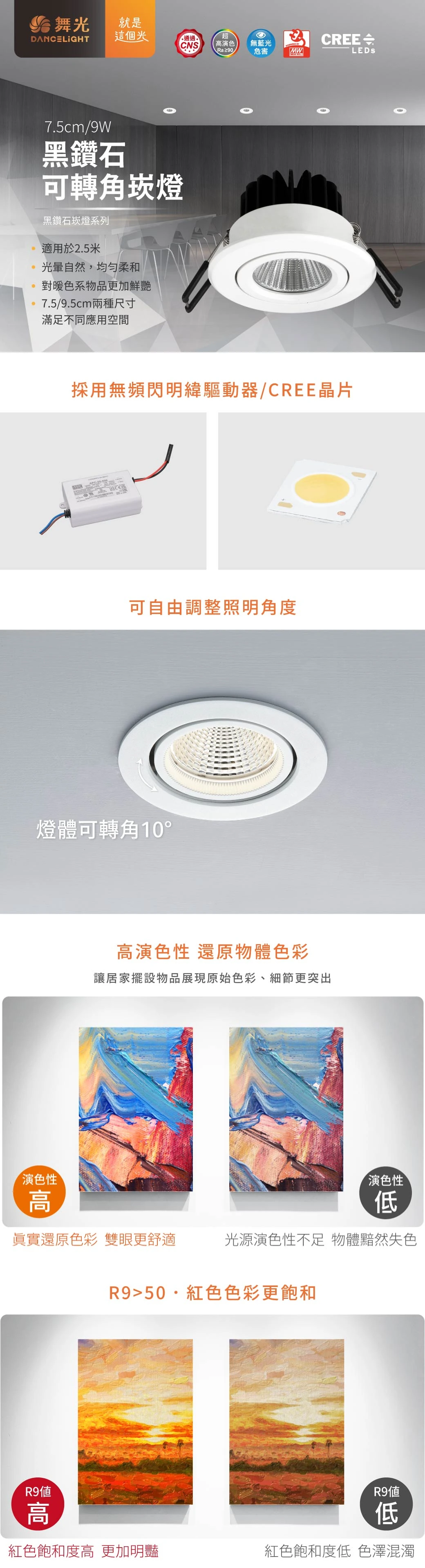 舞光 9W 7.5 公分黑鑽石可轉角崁燈-H04-LED-7DOD9D