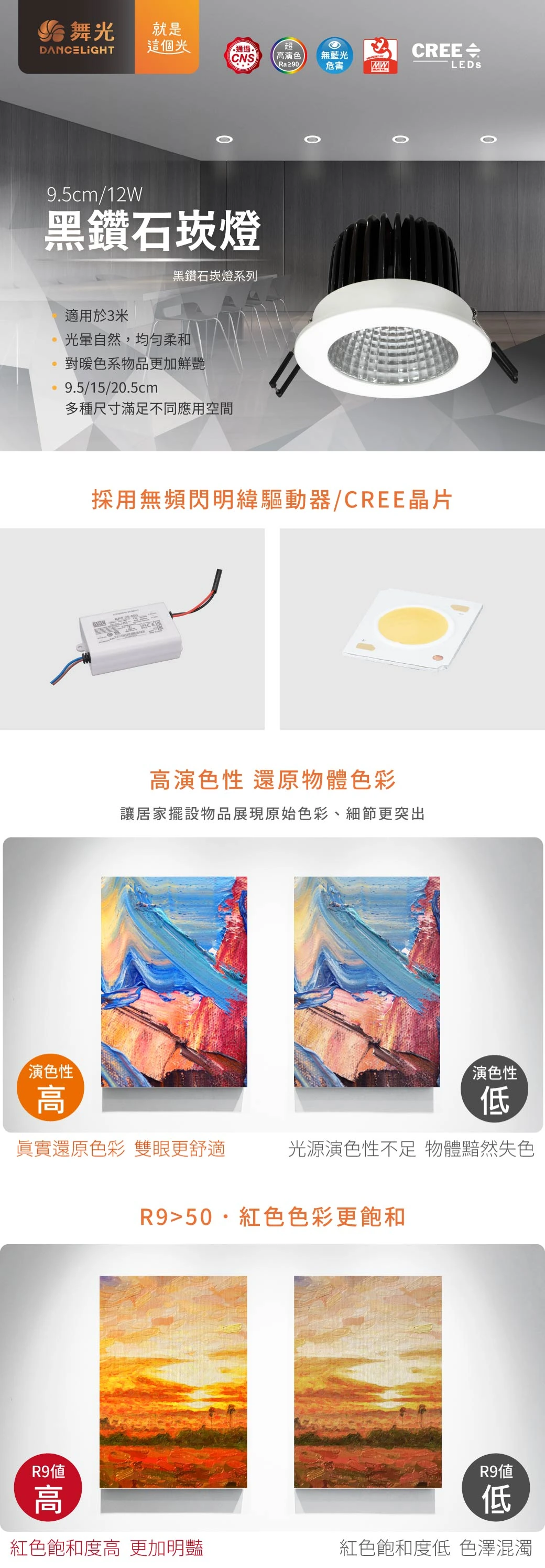 舞光 12W 9.5 公分黑鑽石崁燈-H04-LED-9DOD12D