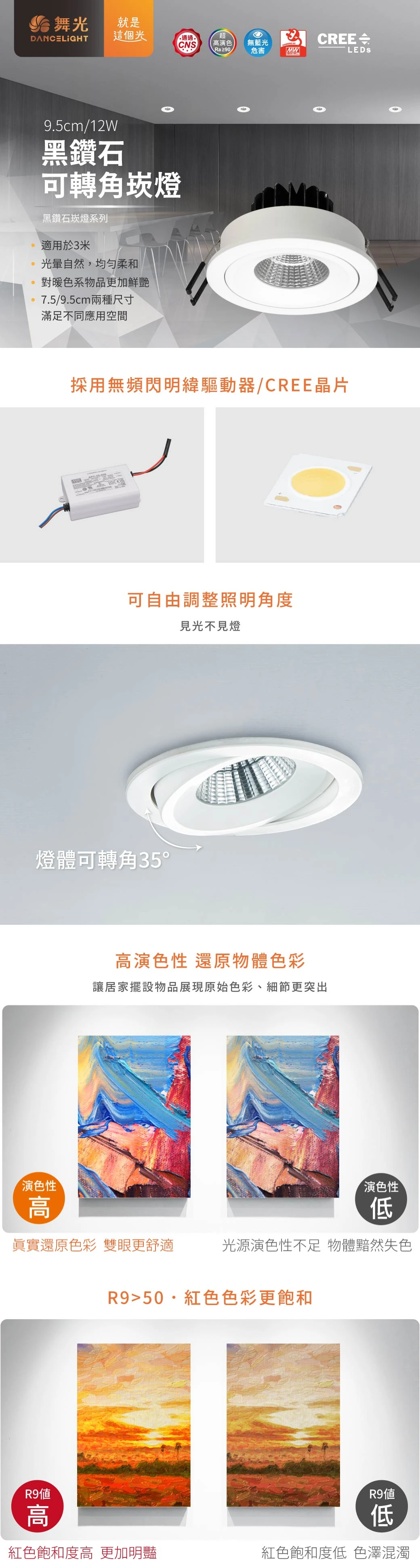 舞光 12W 9.5 公分黑鑽石可轉角崁燈-LED-25132